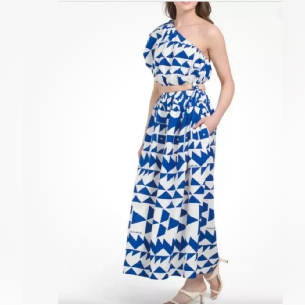 Farm Rio Blue Tiles One Shoulder Maxi Dress J Lo Miami Resort Luxe - Picture 6 of 14